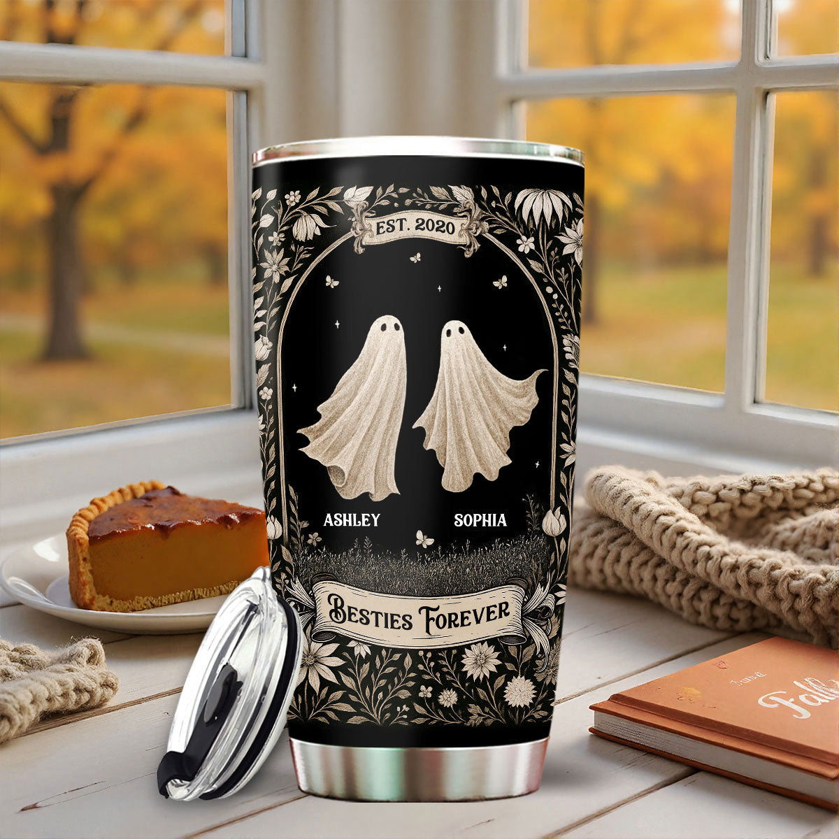 Ghost Friends Vintage Gothic Background Personalized Tumbler, Halloween gift for Besties, Sisters
