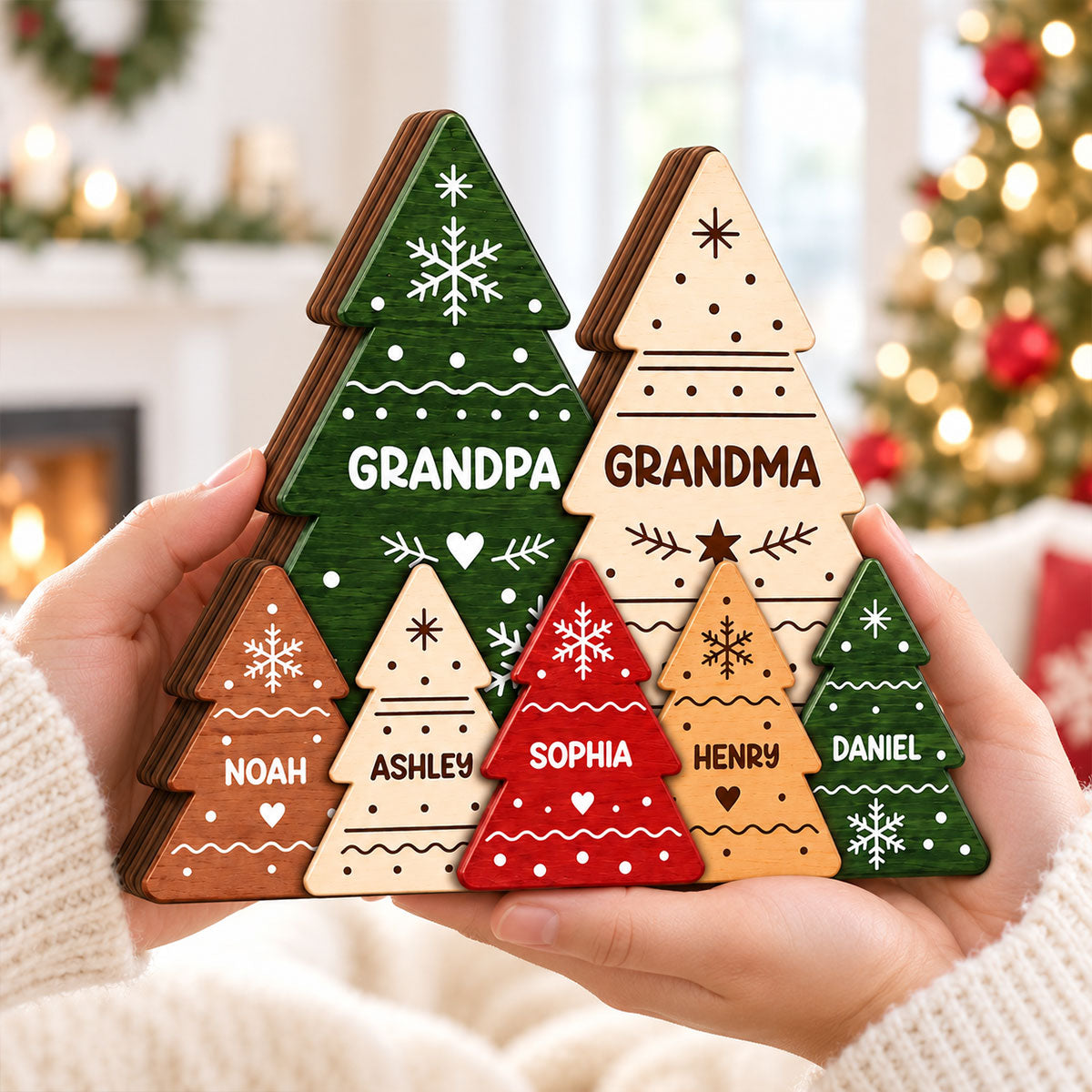 Rustic Christmas Tree - Personalized Wooden Block Plaque - Christmas Decor For Grandparents