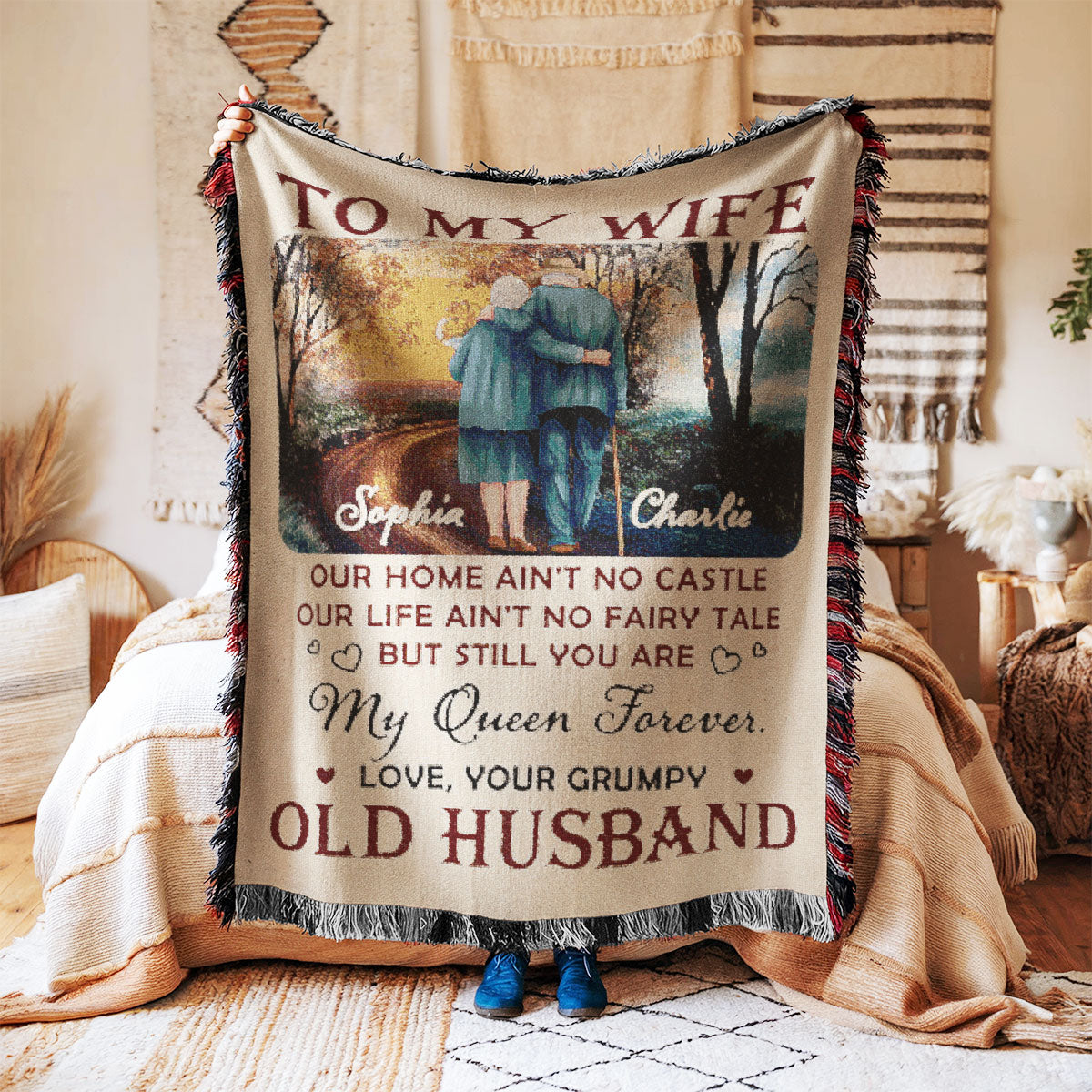 To My Wife Husband Old Couple Walking Together Personalized Tapestry Woven Blanket