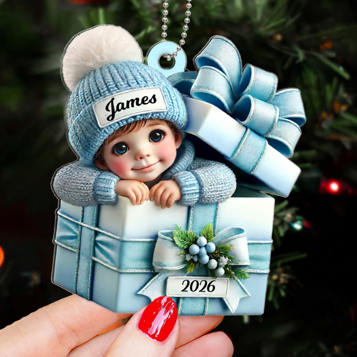 Kid Boy Girl Inside Gift Box - Personalized Acrylic Ornament - Christmas Gift for Children, Grandchildren