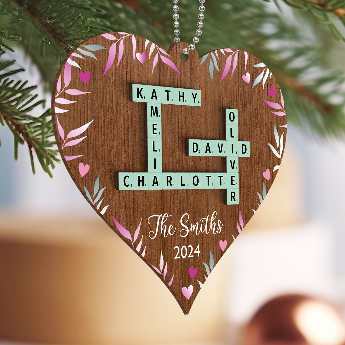 Family Crossword Puzzle Art Personalized Heart Shaped 2-Layered Wooden Ornament, Christmas Gift for Family & Friends