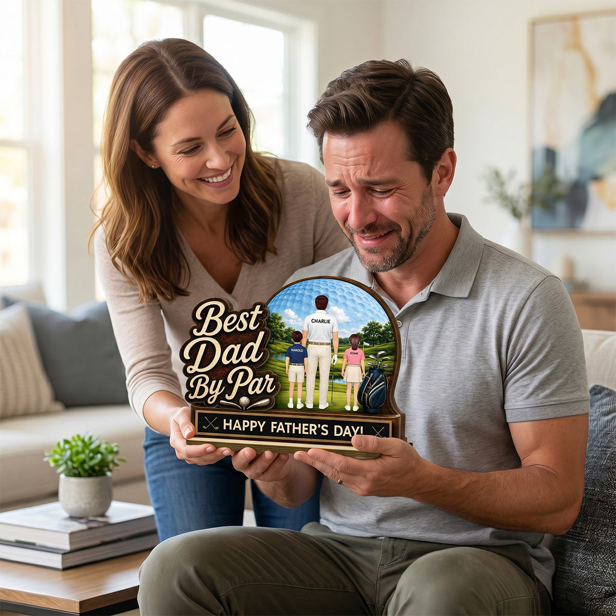 Best Dad By Par Custom Man & Kids Back View - Personalized 2-Layered Wooden Plaque - Father's Day Gift For Golf Dad