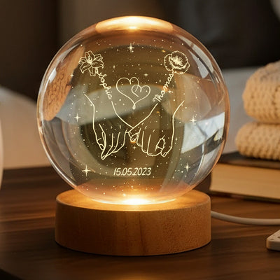 Eternal Love Couple Holding Hands Custom Birth Month Flowers - Personalized Crystal Ball LED Night Light - Valentine's Day Gift For Couple