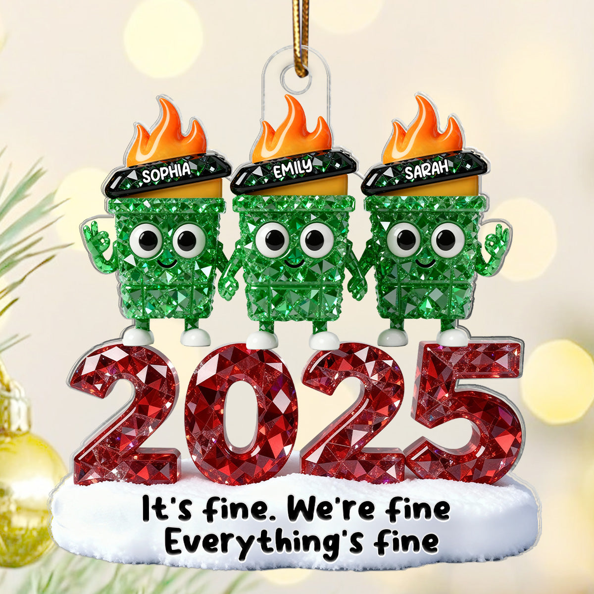 3D Crystal Effect Dumpster Fire It's Fine We're Fine - Personalized Acrylic Ornament - Funny Christmas Gift For Colleagues, Matching Group Ornaments