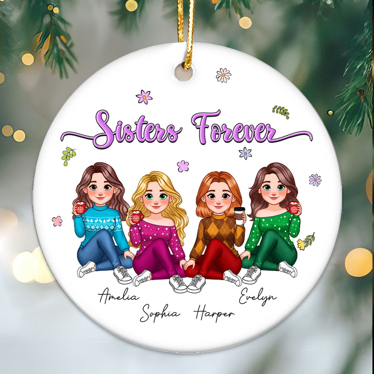 Animated Sisters Forever Floral Personalized Ceramic Ornament, Christmas Gift For Sisters, Best Friends