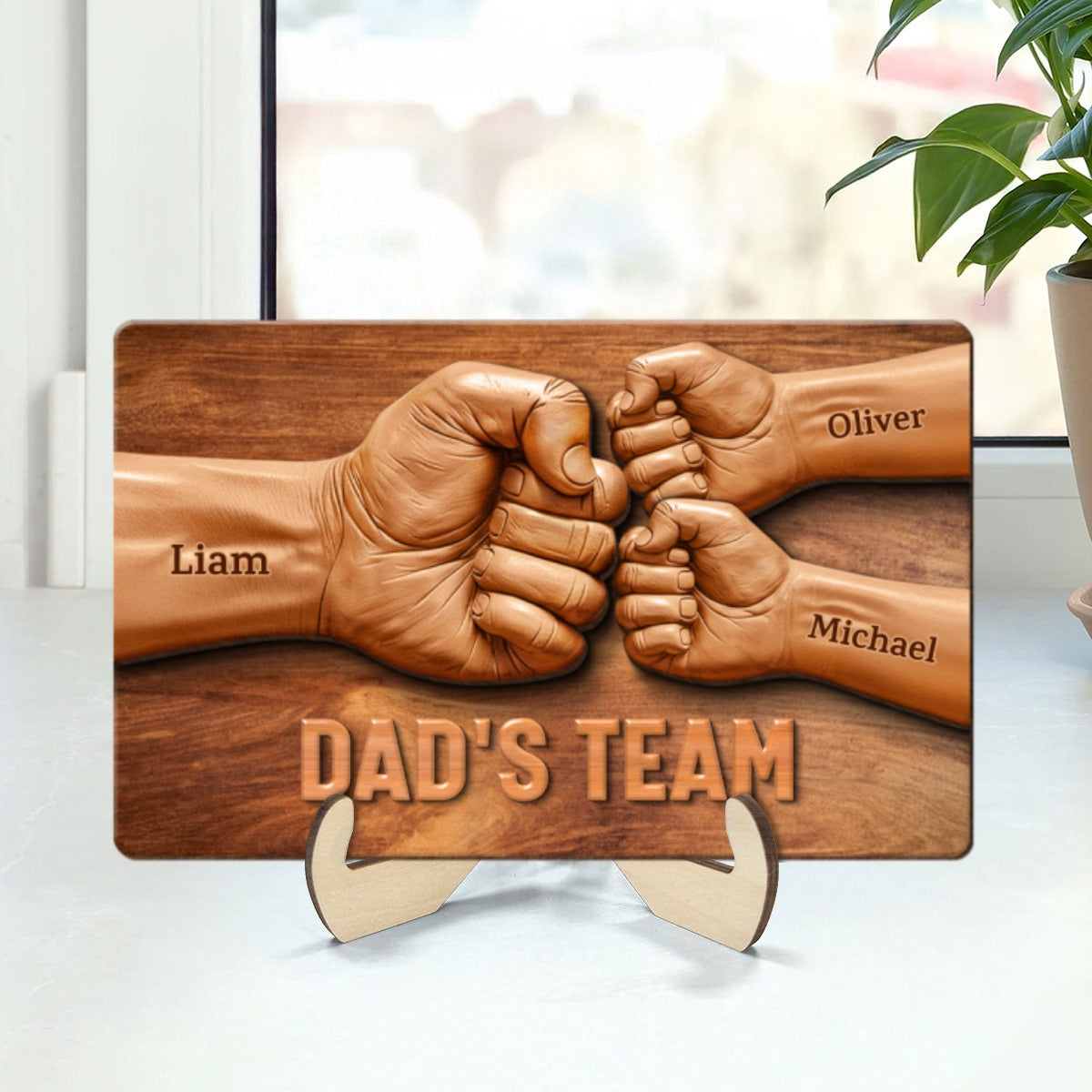 Daddy Team Fist Bump 3D Effect Wooden Sculpture Personalized 2-Layerd Wooden Plaque, Father's Day Gift
