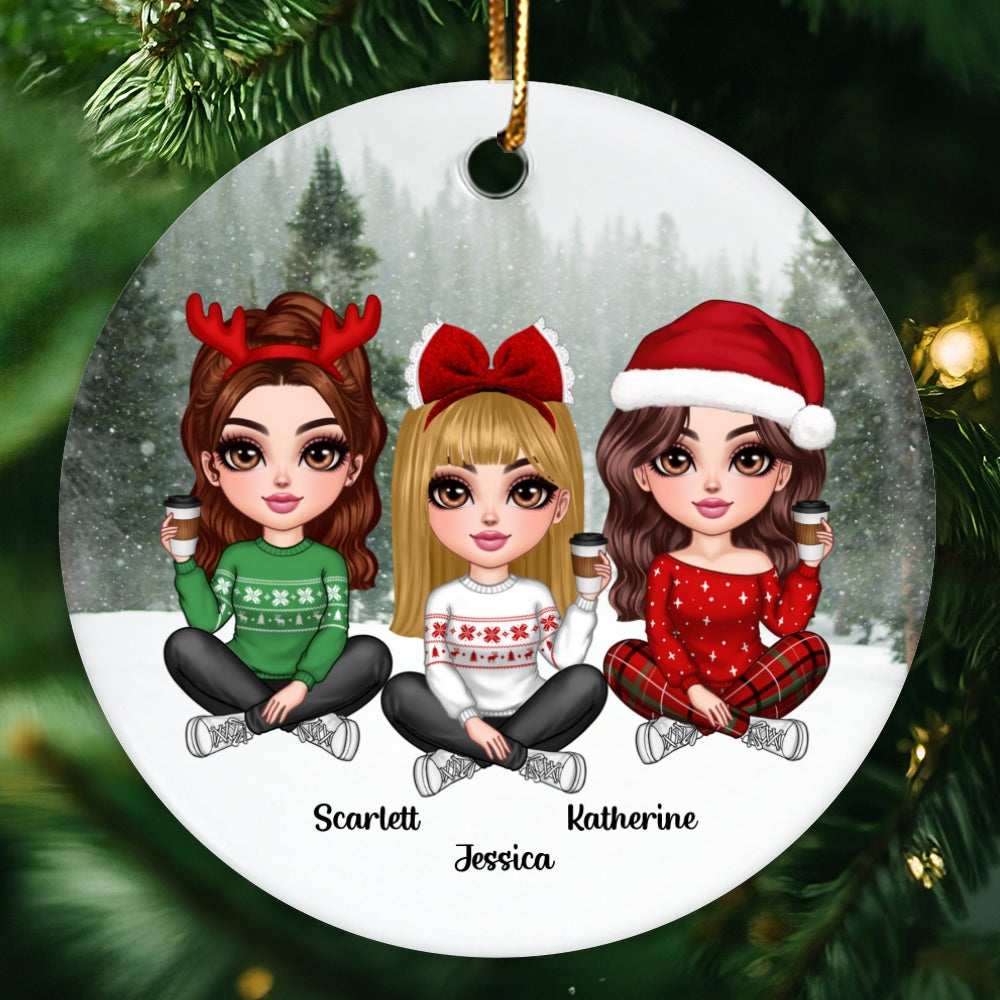 Realistic Winter Scene Besties Sisters Personalized Ceramic Ornament, Christmas Gift for Besties, Sisters, Friends