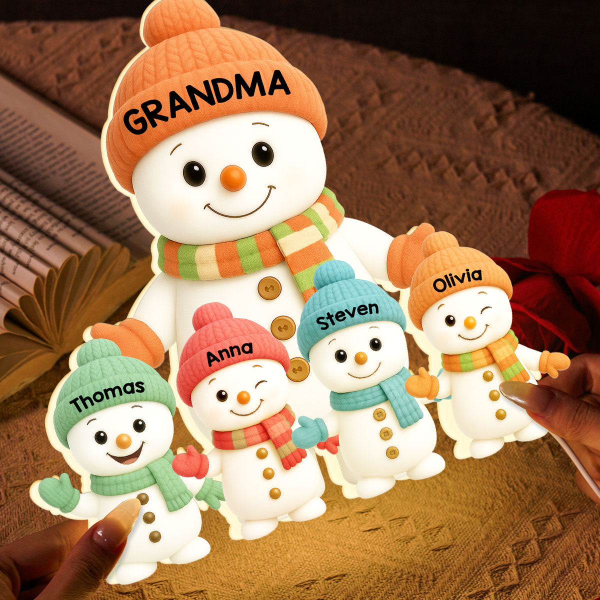 Pastel Color Christmas Grandma Grandkids Snowman Together - Personalized Light Box