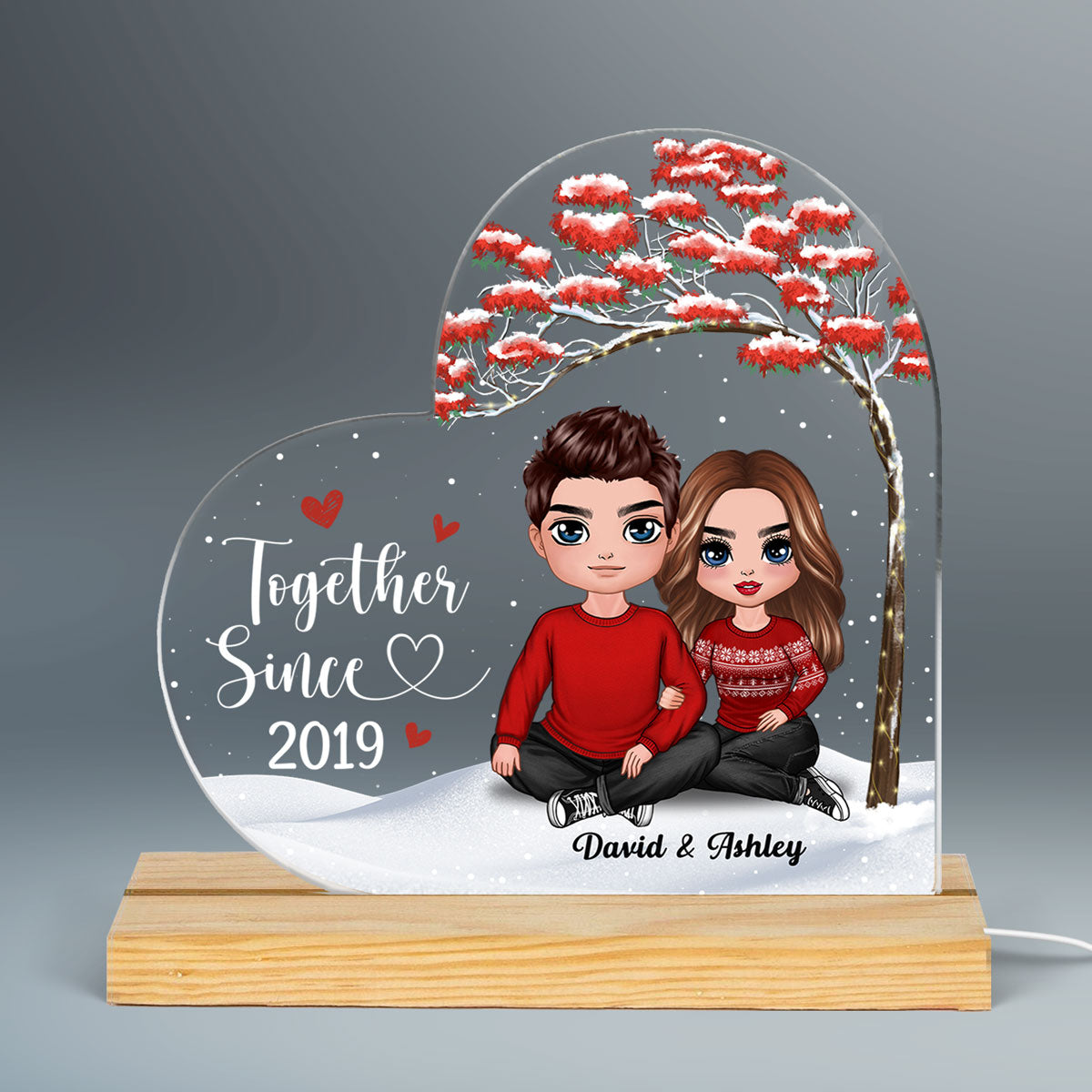 Doll Embracing Couple Under Red Tree Gift For Him For Her Personalized Custom Shape Acrylic Plaque LED Night Light