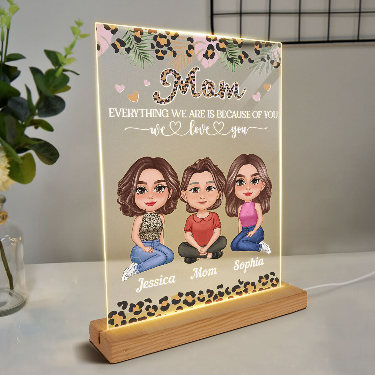 Pretty Doll Leopard Mom Daughters Personalized Acrylic LED Night Light