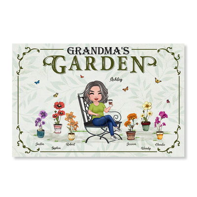 Grandma's Garden Woman Sitting Birth Month Flowers Pot Personalized Poster