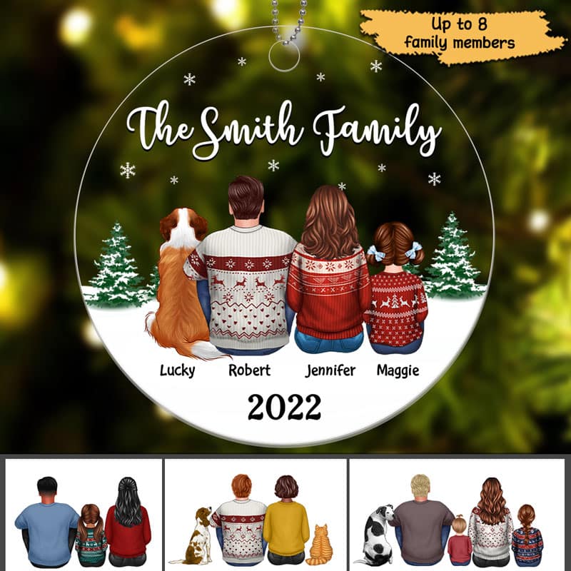 Christmas Family Dad Mom Kids Dogs Cats Circle Shape Personalized Acrylic Ornament