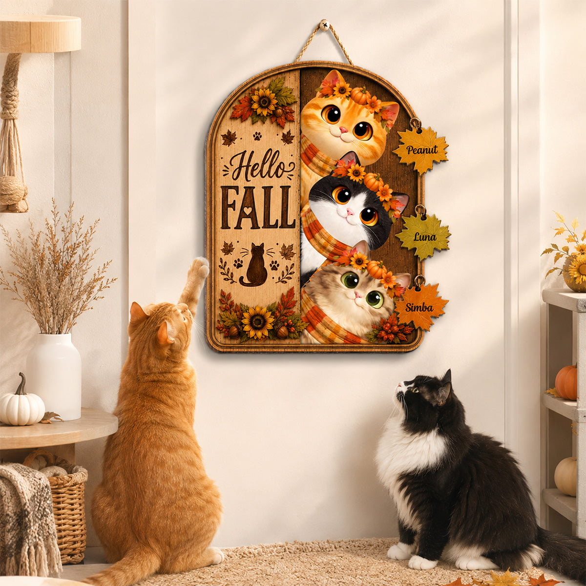 Hello Fall Peeking Cats 2D Flat - Personalized Door Sign - Fall Season Decor For Cat Lovers