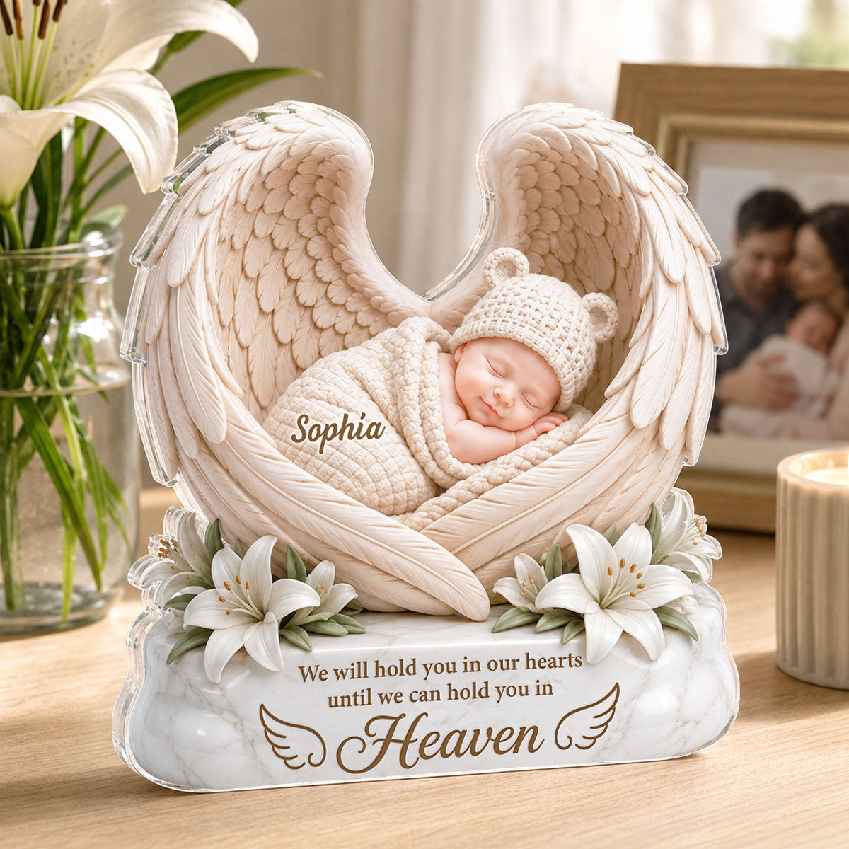 We Will Hold you in Our Hearts - Personalized Acrylic Block Plaque - Custom Infant Loss Gift, Miscarriage Baby Awareness Keepsake