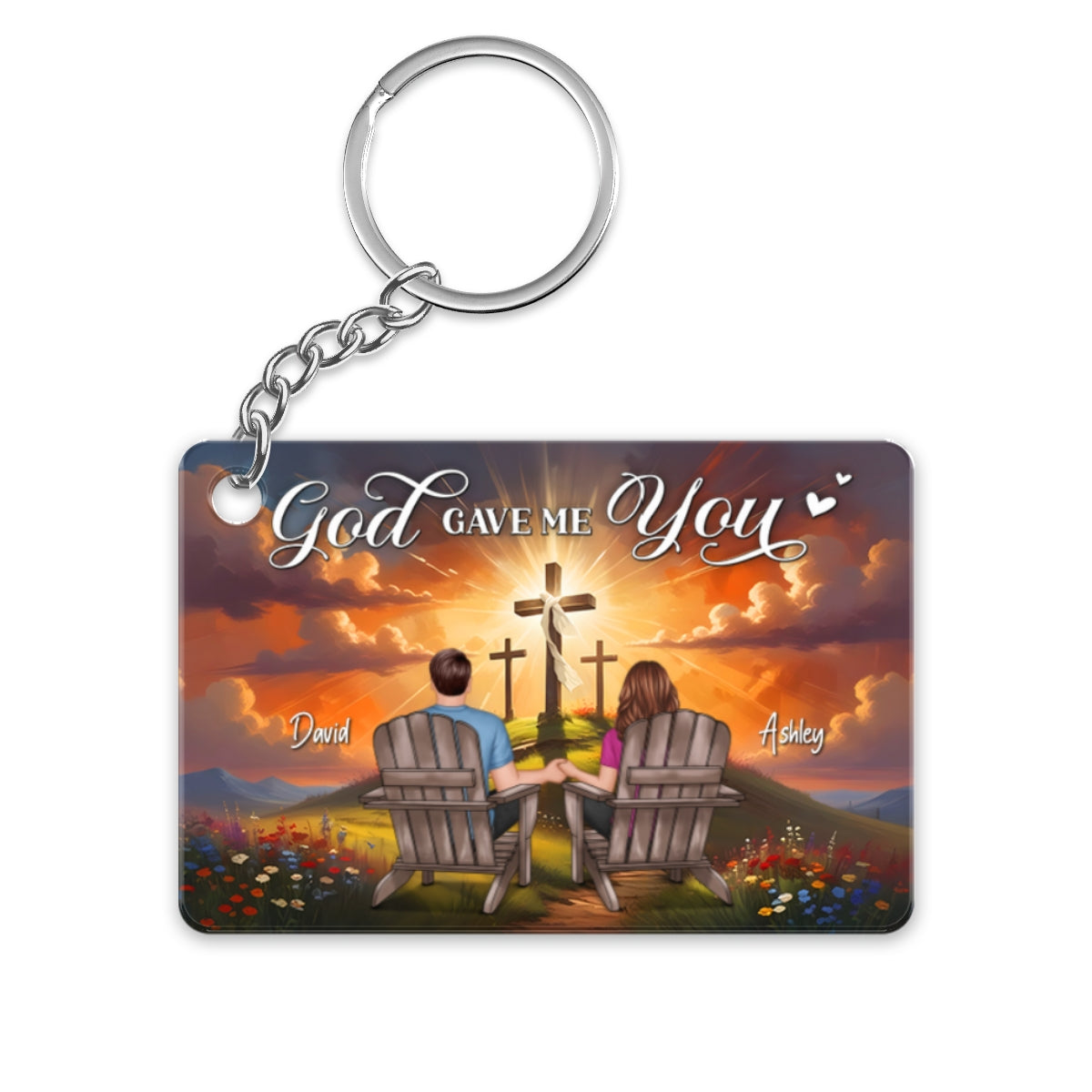 Cross God Gave Me You Couple Sitting Personalized Keychain, Anniversary Gift For Him, Her