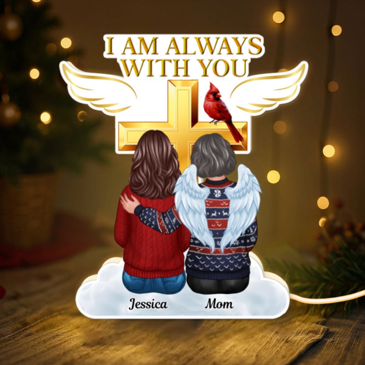 Always With You Family Cross Memorial Remembrance Keepsake Personalized Light Box, Christmas Decor Gift