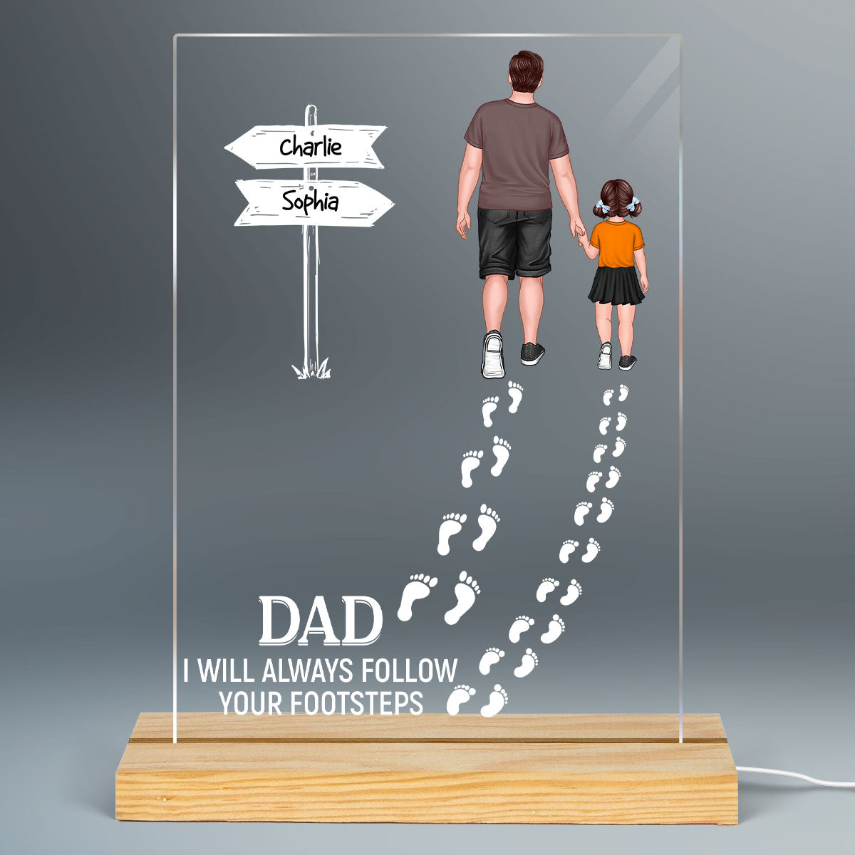 Dad We Will Always Follow Your Footsteps Personalized Rectangle Acrylic LED Night Light