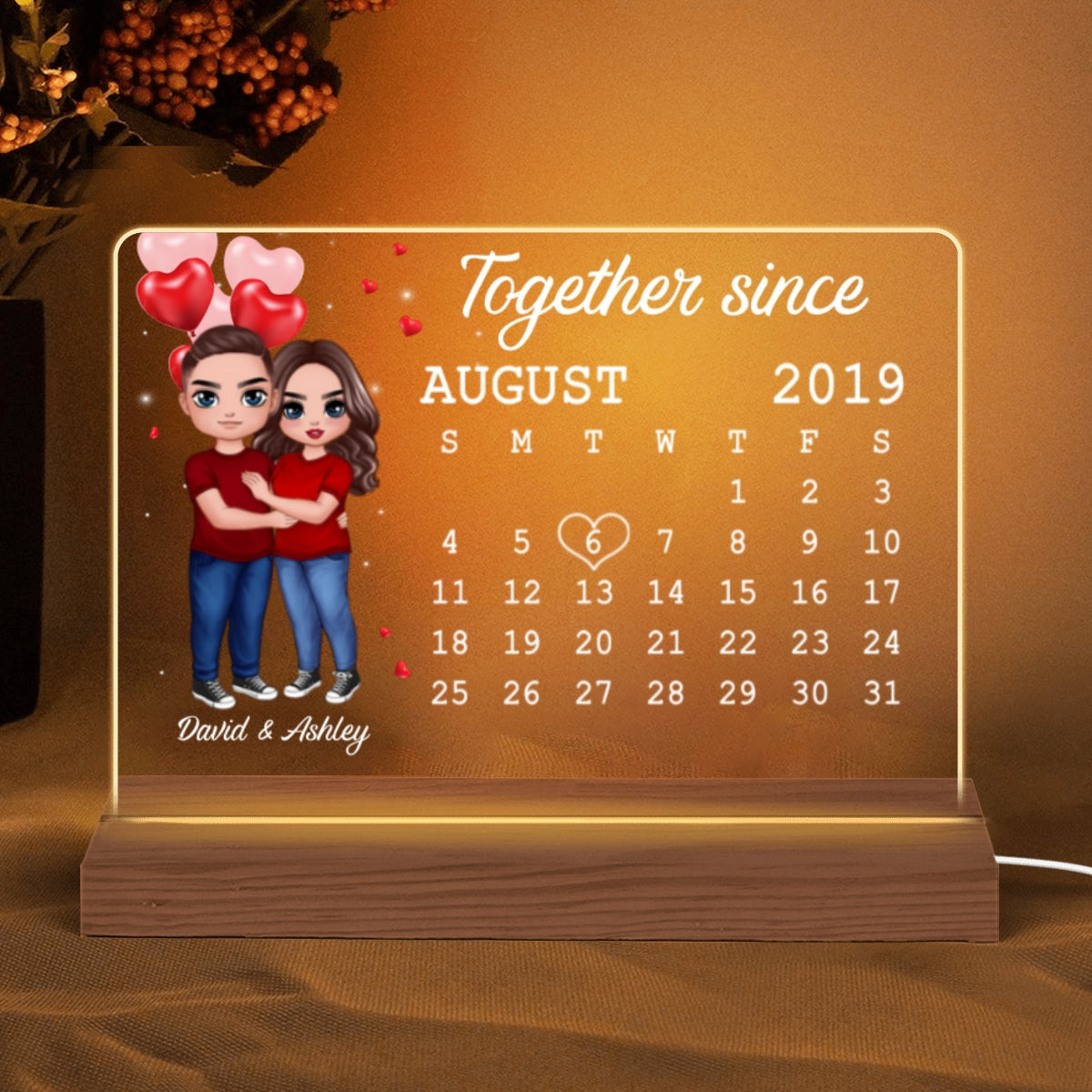 Doll Couple Hugging Anniversary Date Calendar Rectangle Personalized Custom Shape Acrylic Plaque With LED Night Light - Anniversary Gift For Couple - Gift For Him - Gift For Her