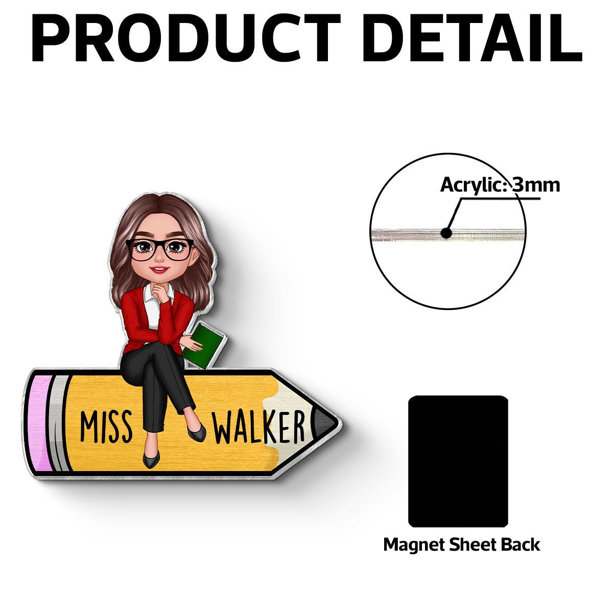 Teacher Sitting On Pencil Personalized Whiteboard Magnet, Classroom Decor