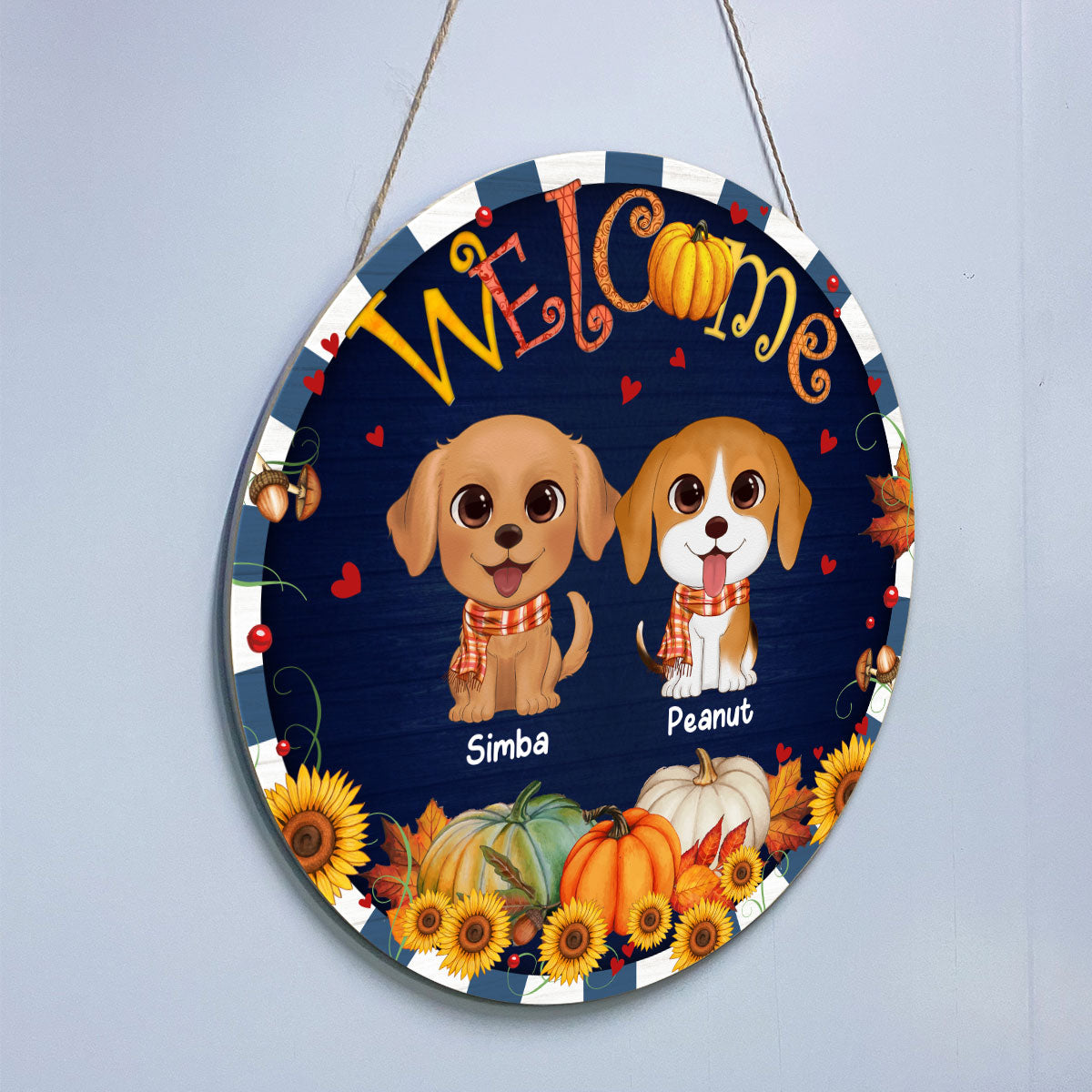 Fall Season Frame Watercolor Cute Dogs Personalized Door Hanger Sign