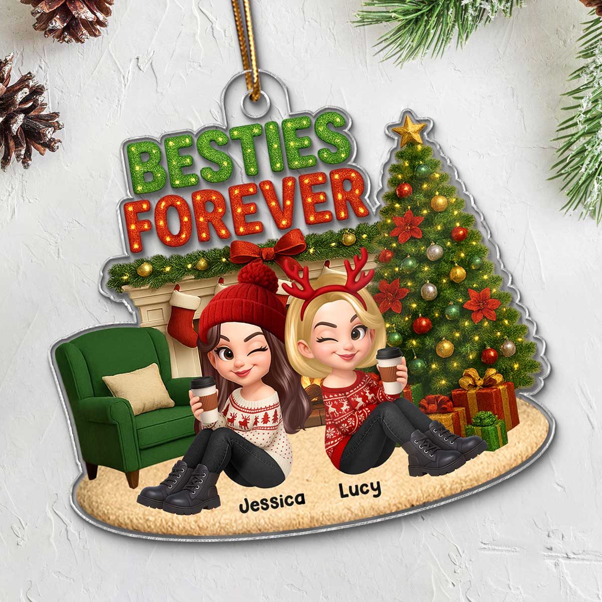 Christmas Besties Forever Cozy Fireplace - Personalized Acrylic Ornament - Gift For Best Friends