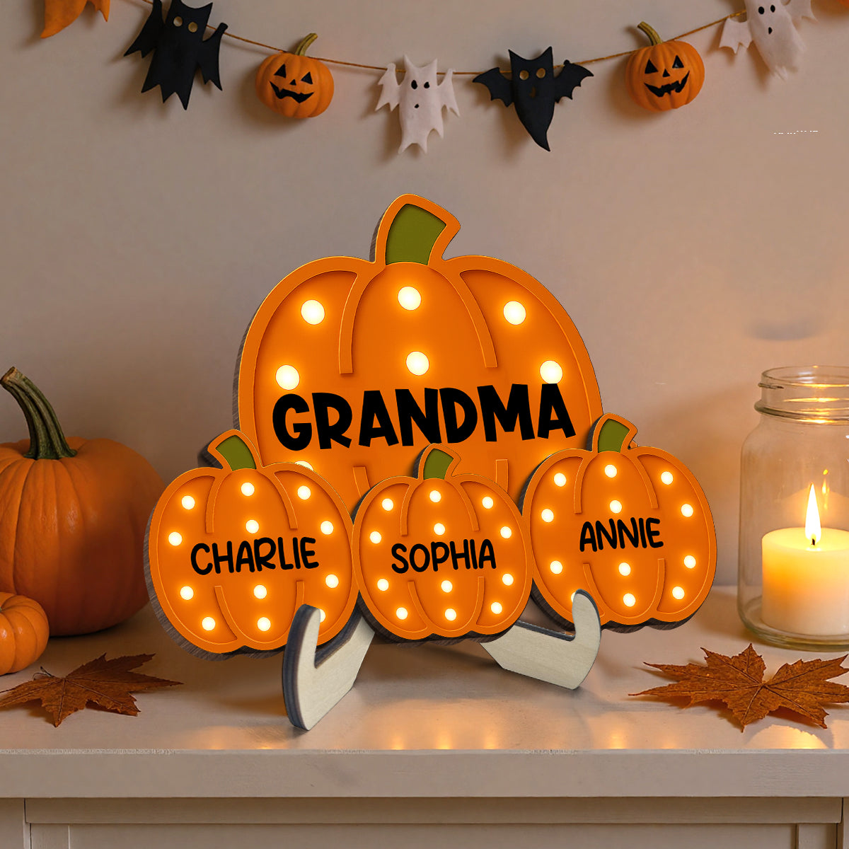 Grandma Little Pumpkins Faux Marquee Pattern Personalized 2-Layer Wooden Plaque, Cozy Fall Season Home Decor