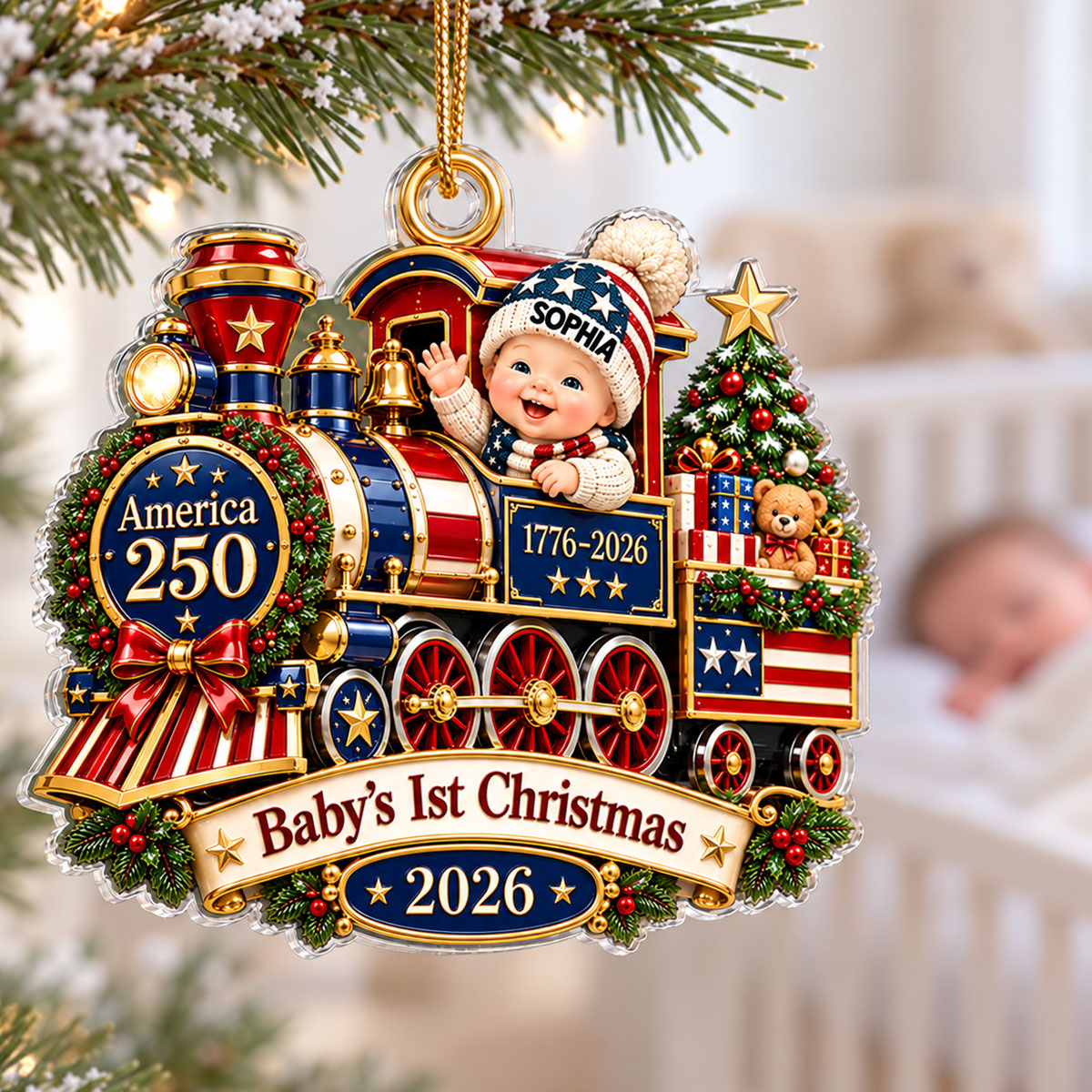 Baby On Train Baby's First Christmas 2D Flat - Personalized Acrylic Ornament - 250th America 1776 - 2026 Anniversary, Patriotic Christmas Decor, Gifts for New Parents