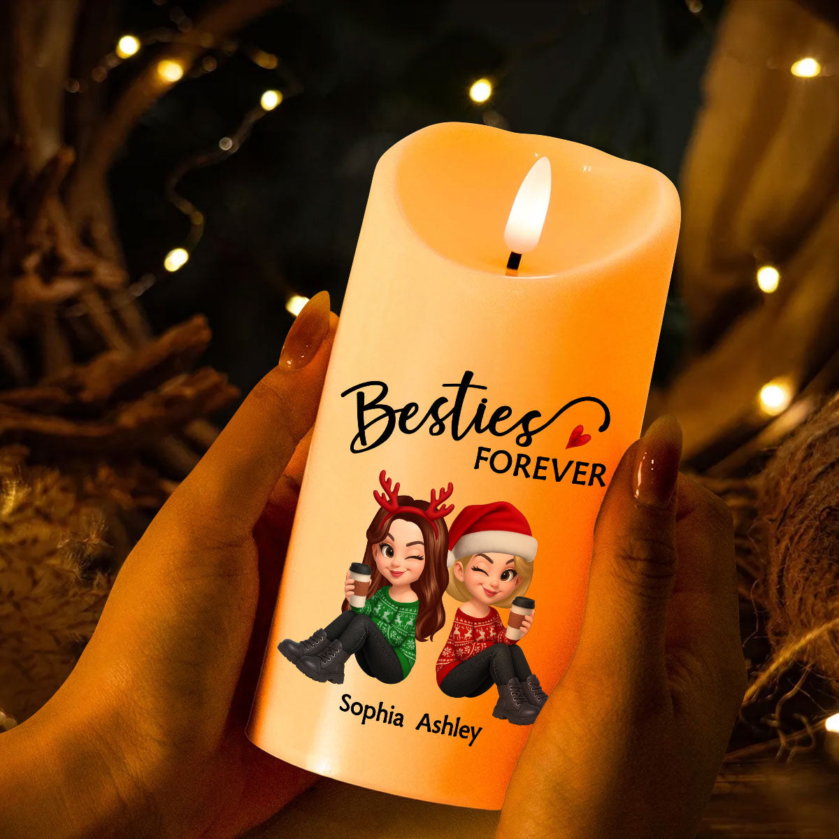 Christmas Besties Forever Personalized LED Candle, Christmas Gift