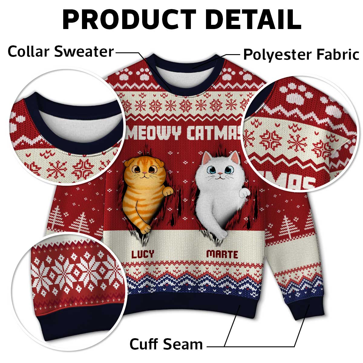 Fluffy Cat Tearing Funny Gift For Cat Lover Personalized Faux Knit Ugly Sweater