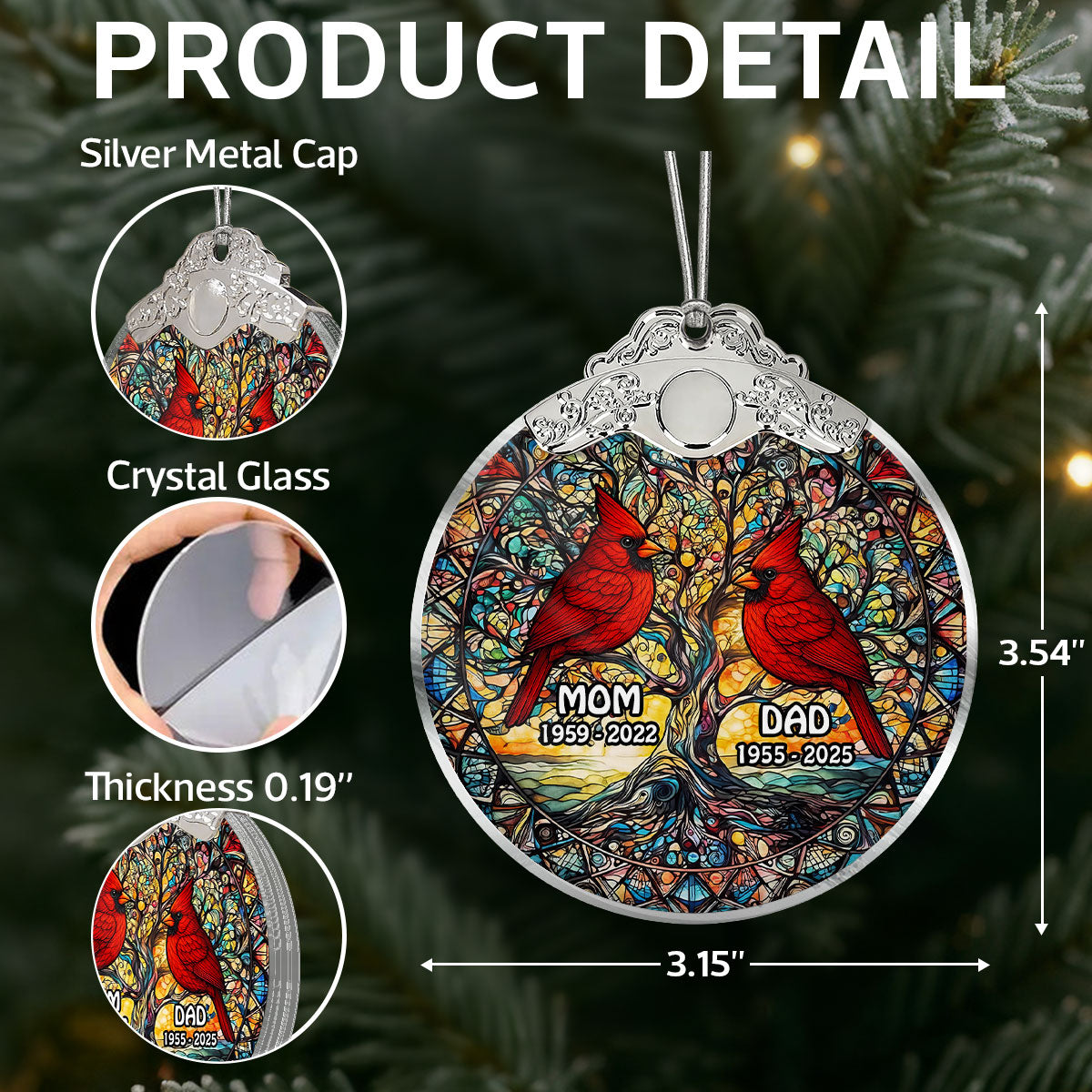 Tree Of Life Cardinal Mom Dad Stained Glass Effect - Personalized Glass Ornament With Silver Cap - Christmas Memorial Keepsake For Family