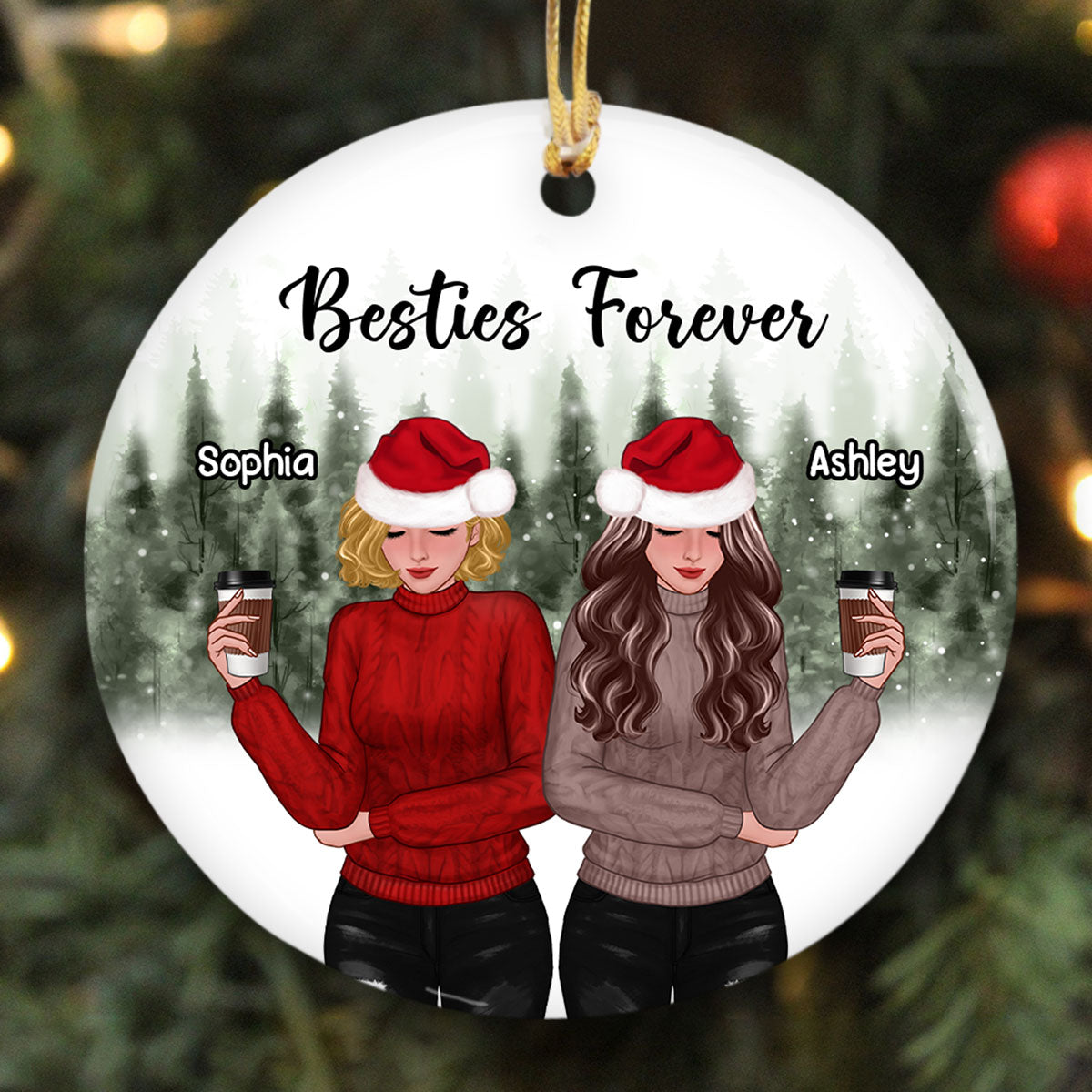 Snowy Pine Tree Forest Front View Christmas Besties Personalized Circle Ornament