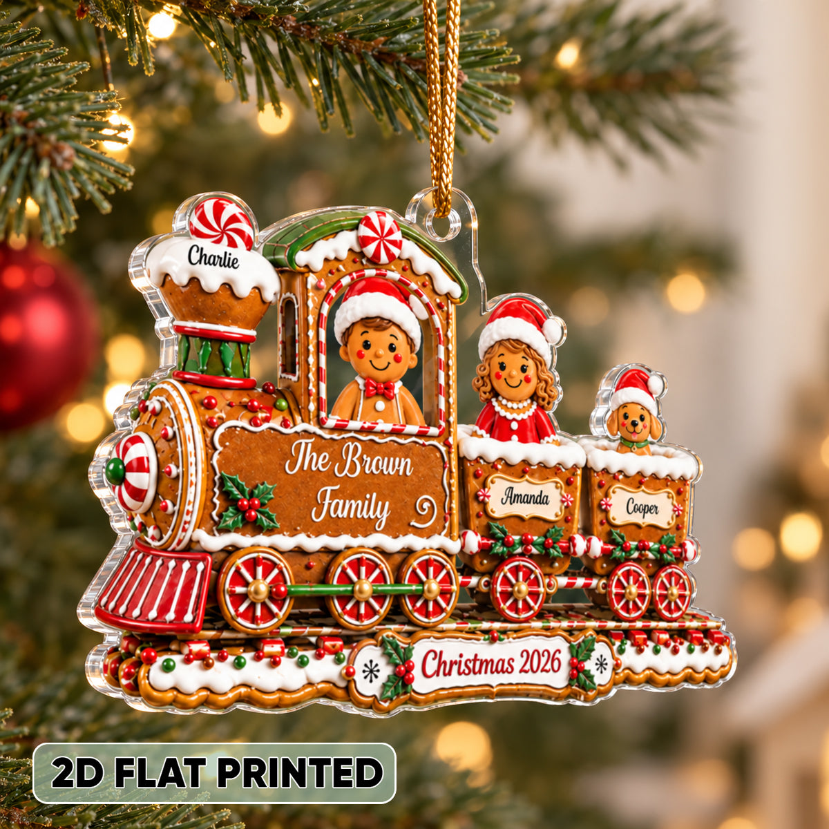 Family Gingerbread Christmas Train - Personalized Acrylic Ornament - Family Holiday Keepsake Gifts