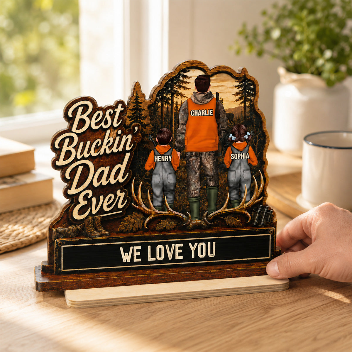 Best Buckin' Dad Papa Ever Hunting Man & Kids 2D Flat - Personalized 2-Layered Wooden Plaque - Father's Day Gift For Hunting Dad, Grandpa