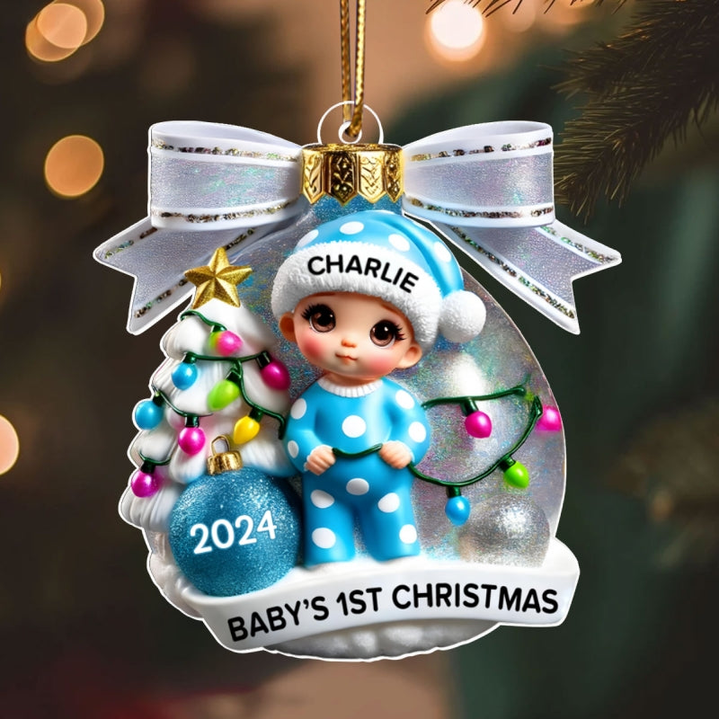 Baby First Christmas 3D Effect Personalized Acrylic Ornament, Christmas Tree Bow, New Parents Keepsake, Gift for Newborn