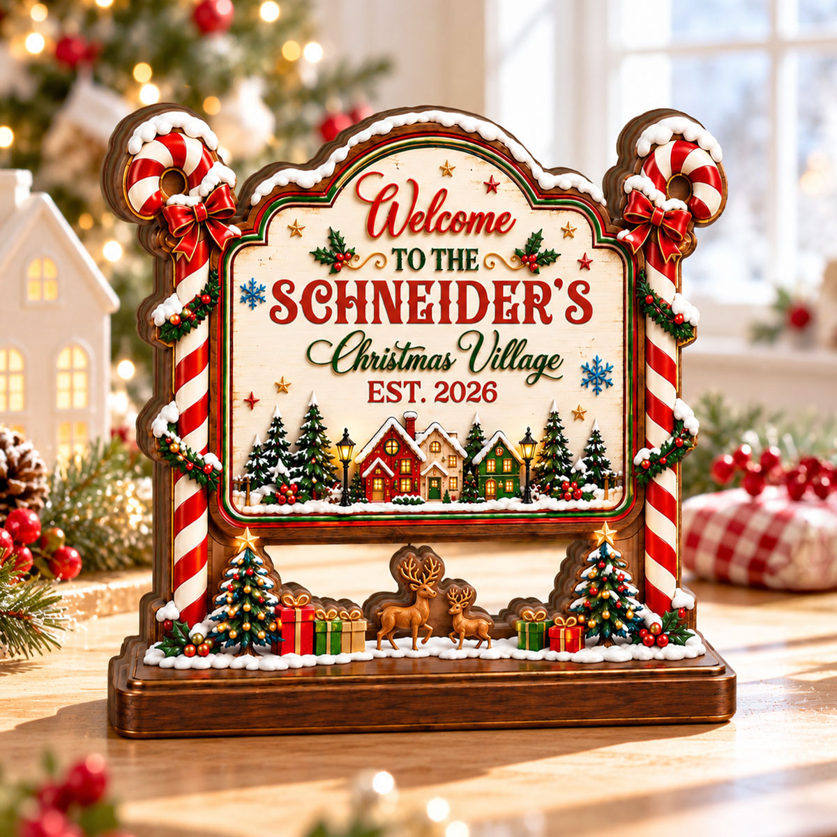 Candy Cane Christmas Village Holiday Decor - Personalized Wooden Block Plaque - Christmas Gift for Family, Parents & Grandparents.