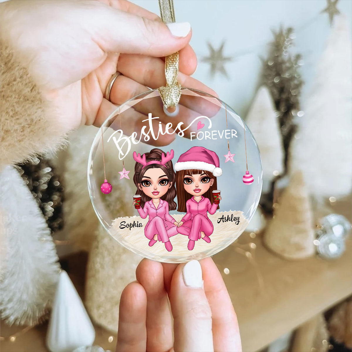 Besties Forever Pink Clothes Y2K Best Friends Personalized Glass Ornament, Friendship Christmas Gift