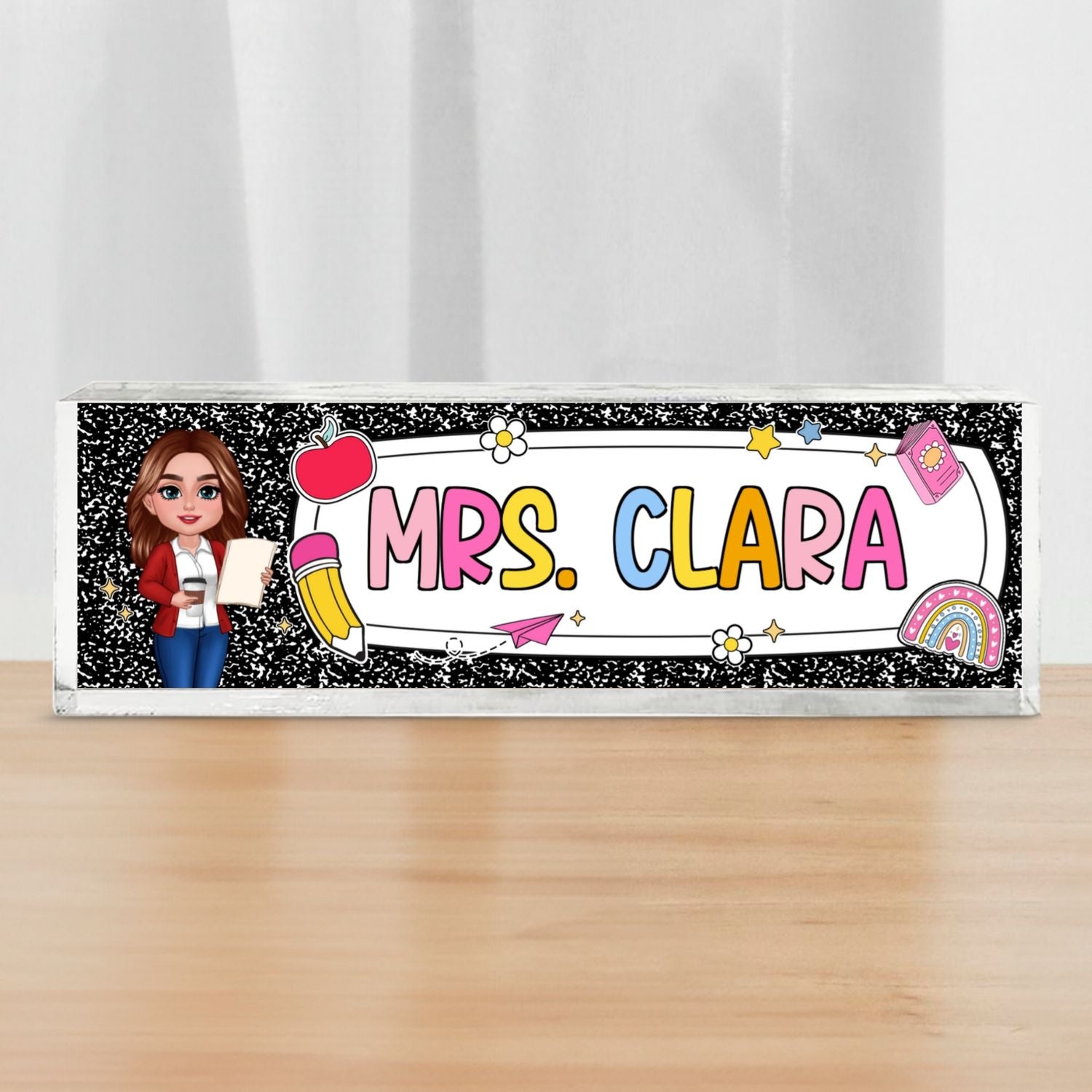 Teacher Composition Book Pattern Personalized Acrylic Desk Name Plate, Back To School Gift