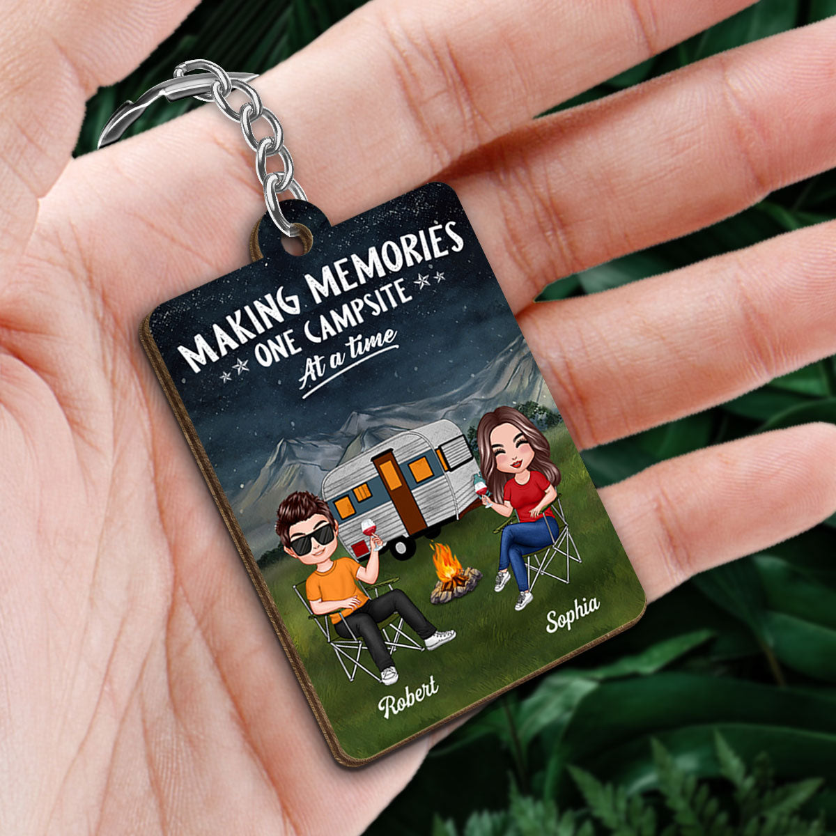 Couple Making Memories Camping Personalized Wooden Keychain