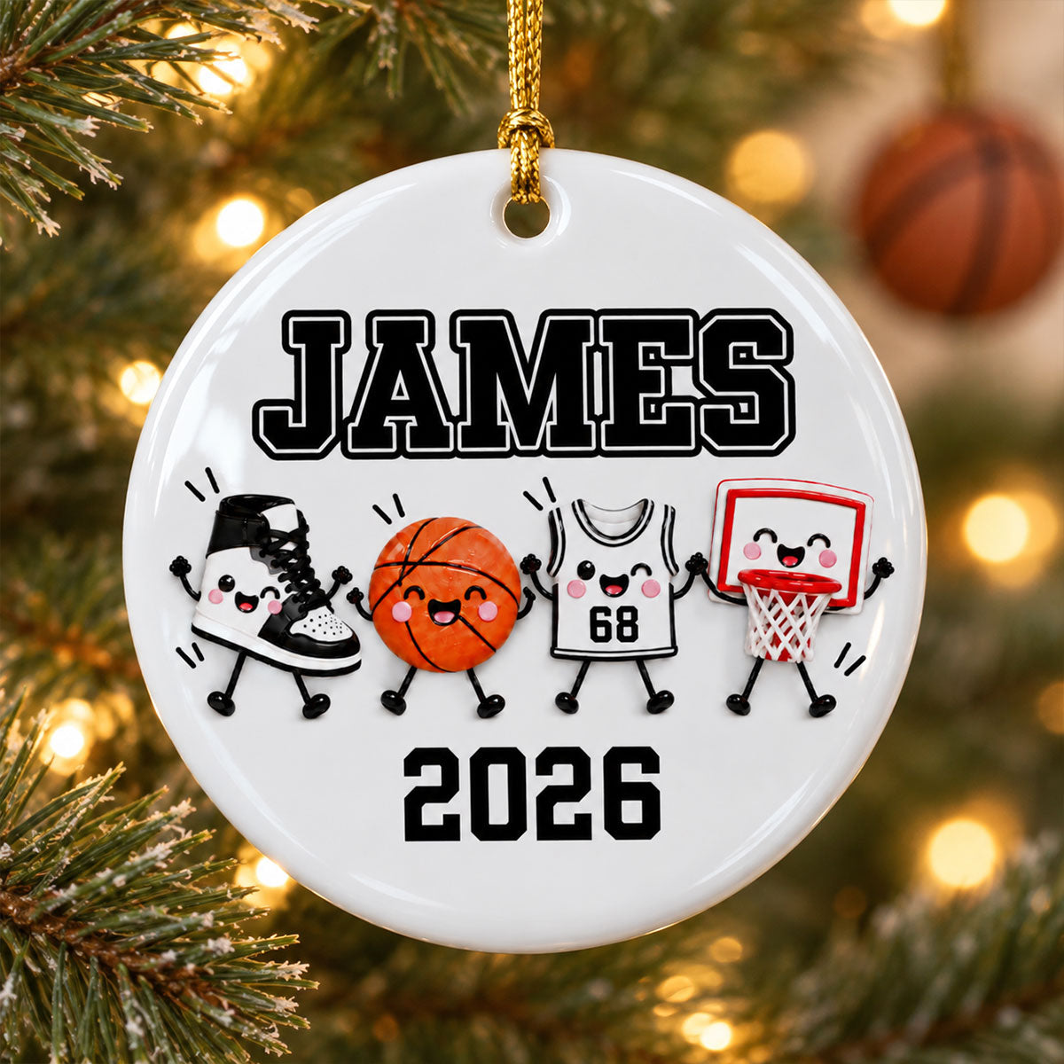 Basketball Things 2D Flat - Personalized Ceramic Ornament – Custom Name Basketball Christmas Keepsake Gift for Player, Son, Daughter, Teen