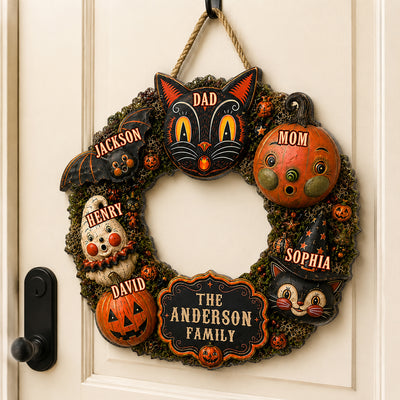 Custom Family Name Black Cat - Personalized Wooden Door Sign - Vintage Halloween Front Porch Decor