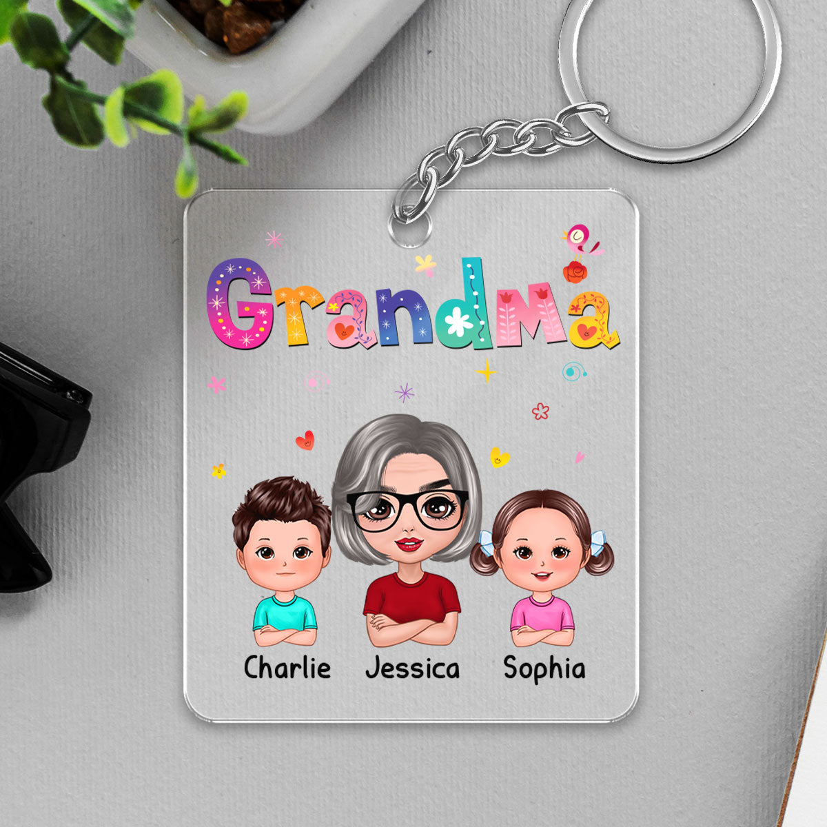Colorful Floral Pattern Grandma Mom Auntie With Kids Personalized Acrylic Keychain