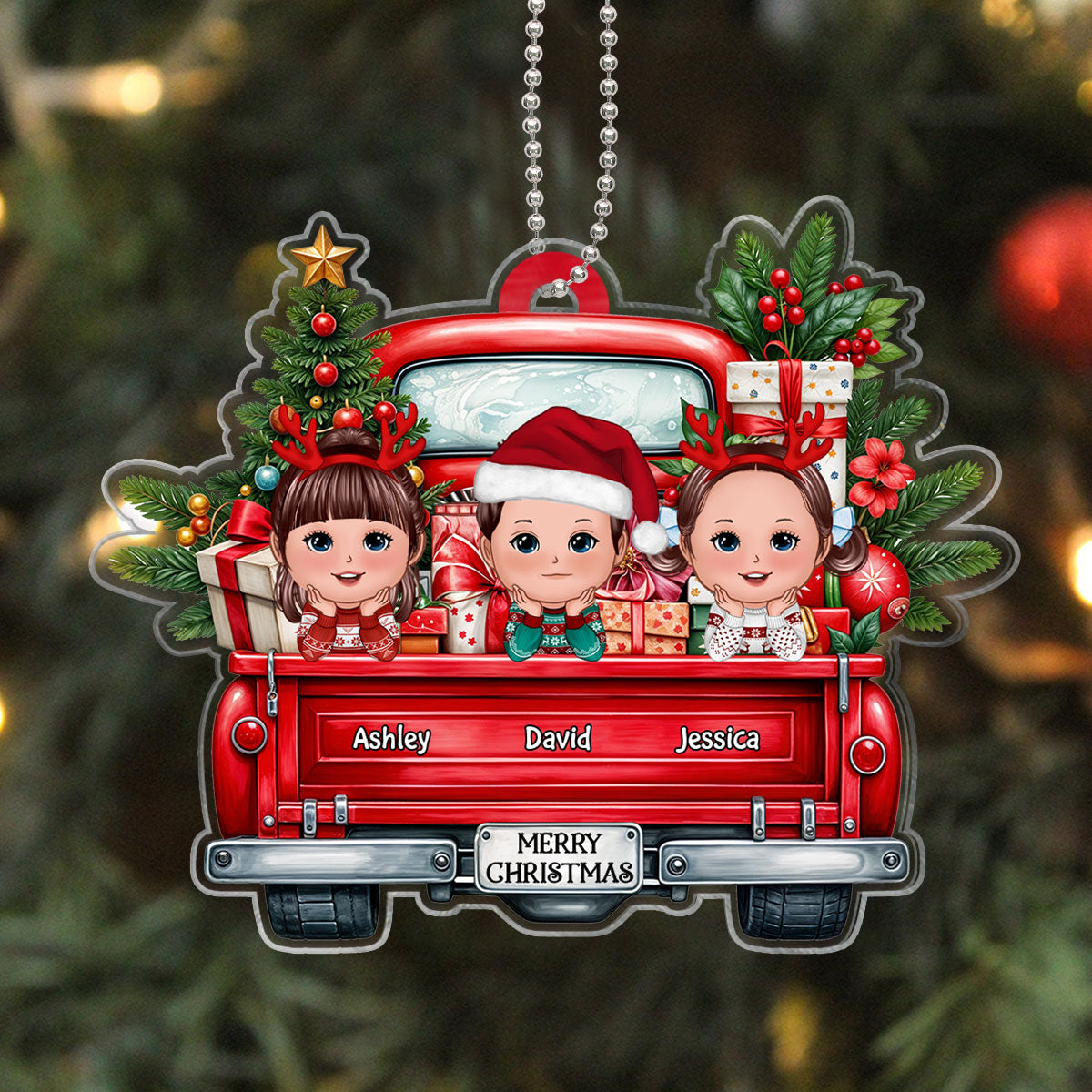 Merry Christmas Grandkids On Truck Personalized Acrylic Ornament, Christmas Gift For Granddaughter Grandson Grandkid From Grandma