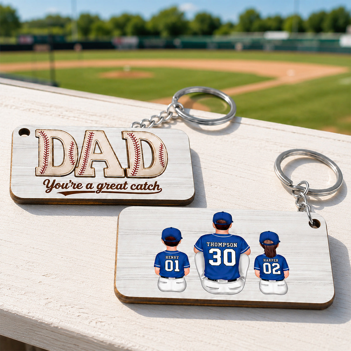 Dad We Love You Baseball Man & Kids Sitting - Personalized Wooden Keychain - Father's Day Gift For Basketball Dad