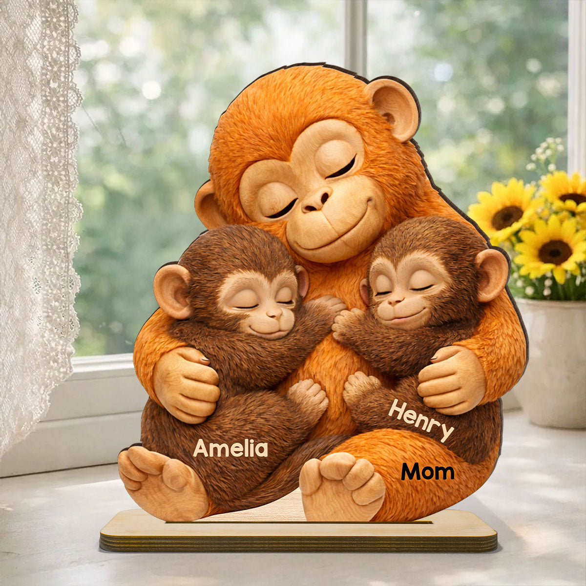 Mother Monkey & Children, Baby Monkey Punch - Personalized 2-Layered Wooden Plaque - Heartfelt Mother's Day Gift for Mom, Wife