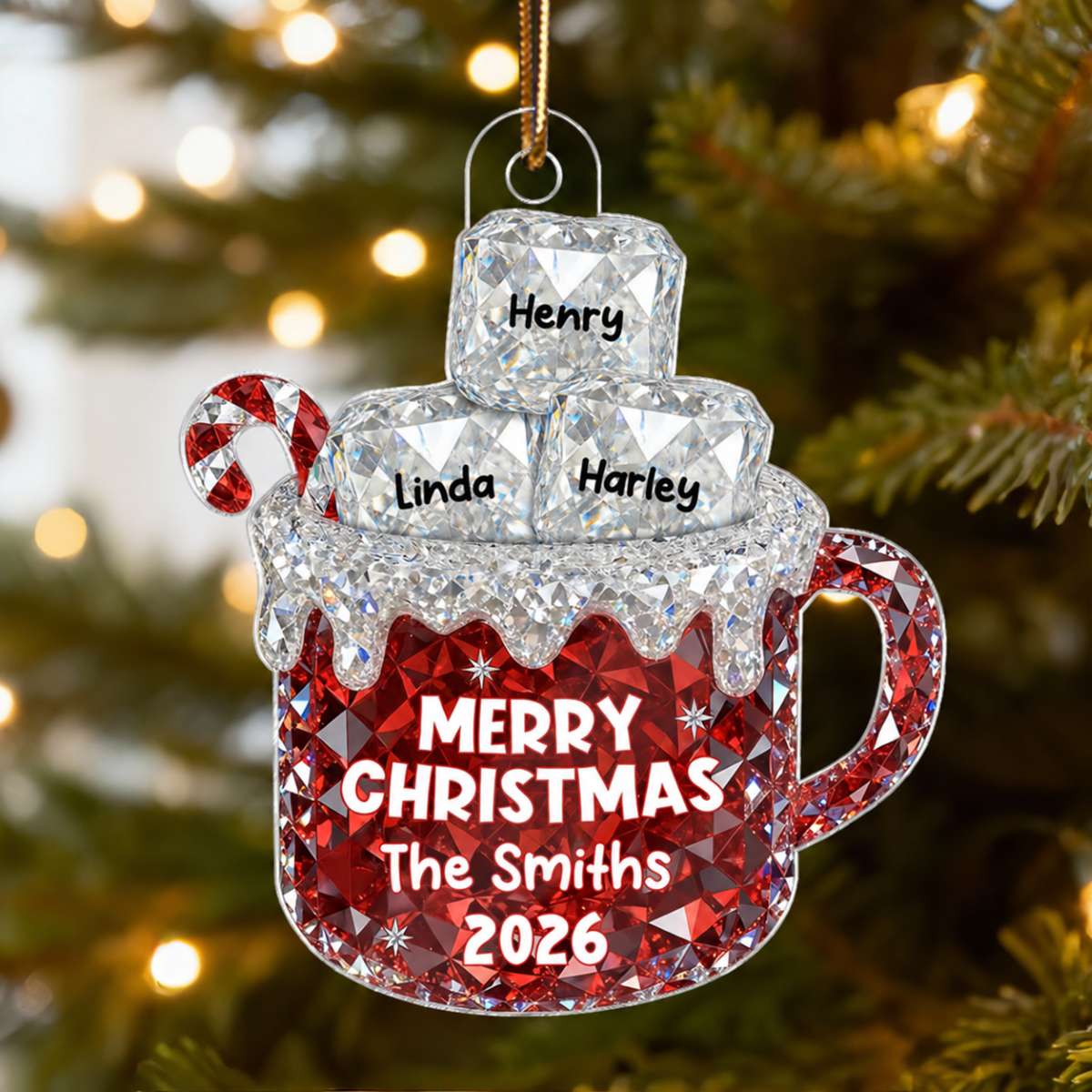 3D Crystal Effect Christmas Hot Cocoa Marshmallows Family Names - Personalized Acrylic Ornament