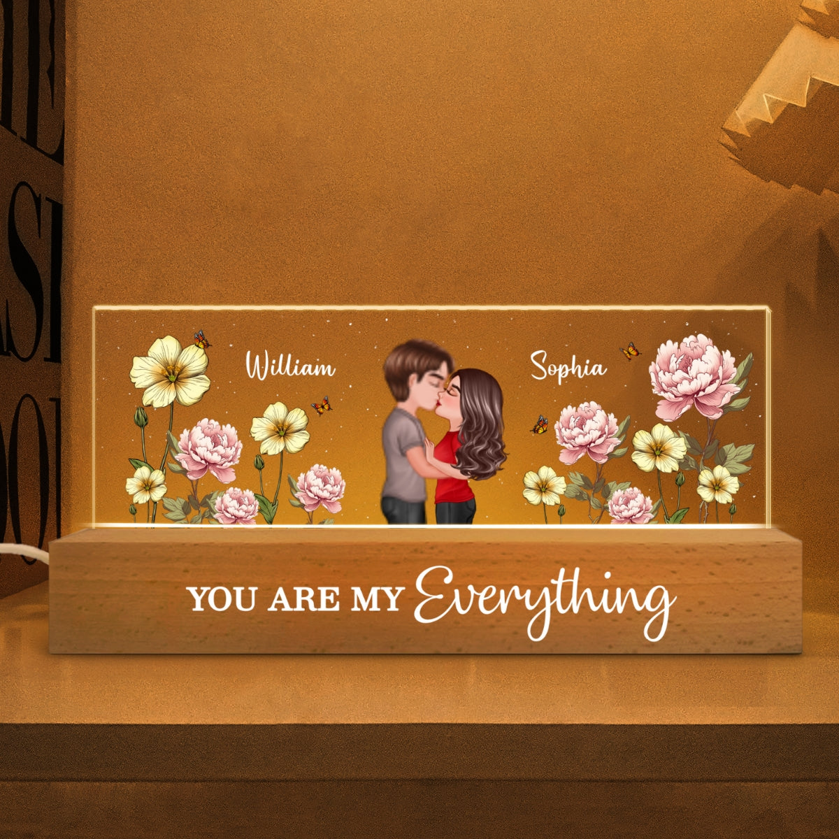 Couple Kissing Birth Month Flower Personalized Acrylic Block LED Night Light, Heartfelt Gift For Couple, For Her