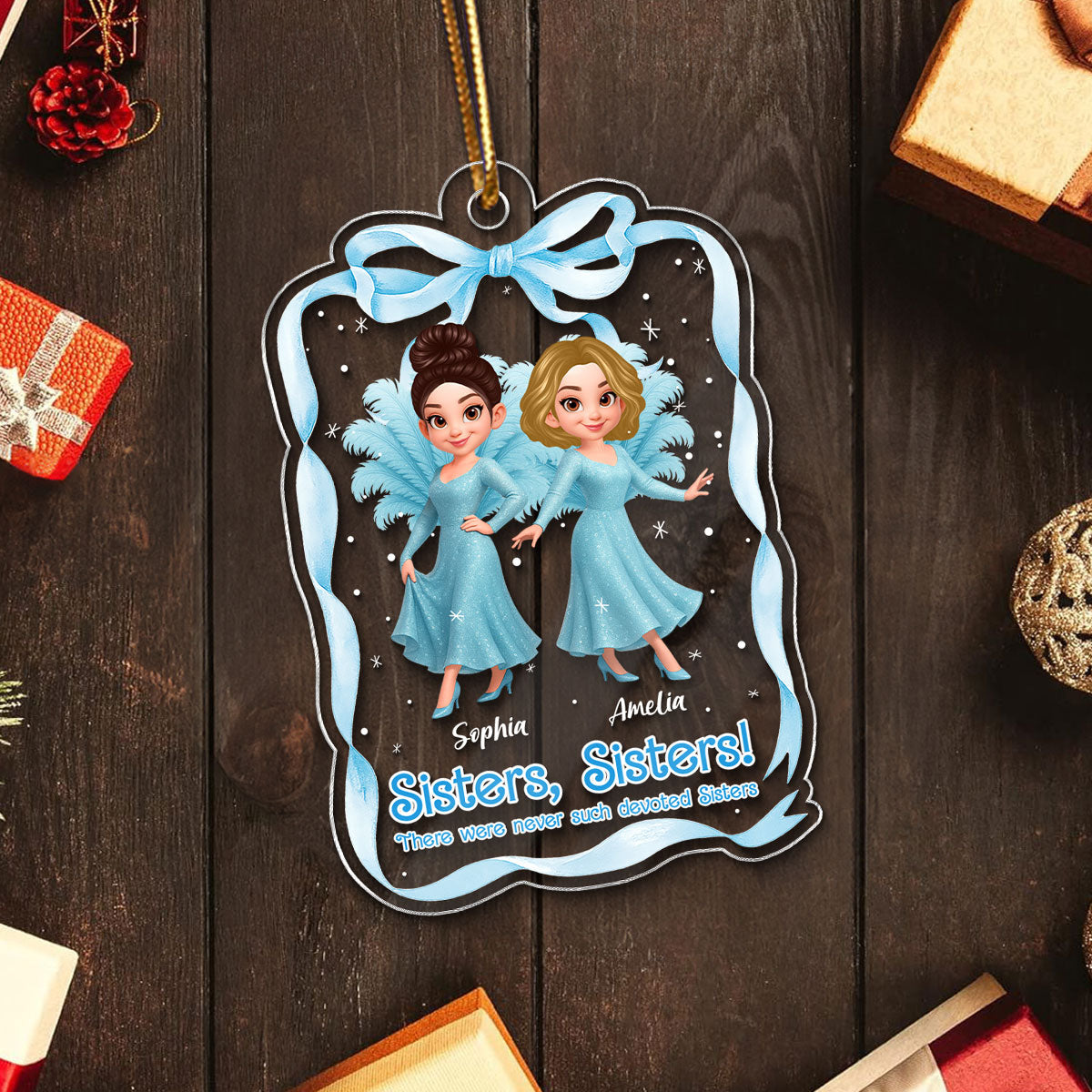 Cute Cartoon Sisters Besties Blue Dress Coquette Ribbon - Personalized Acrylic Ornament
