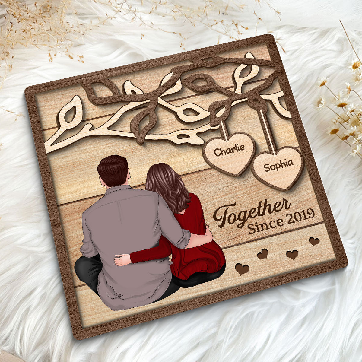 Back View Couple Sitting Under Tree Personalized 2-Layer Wooden Plaque