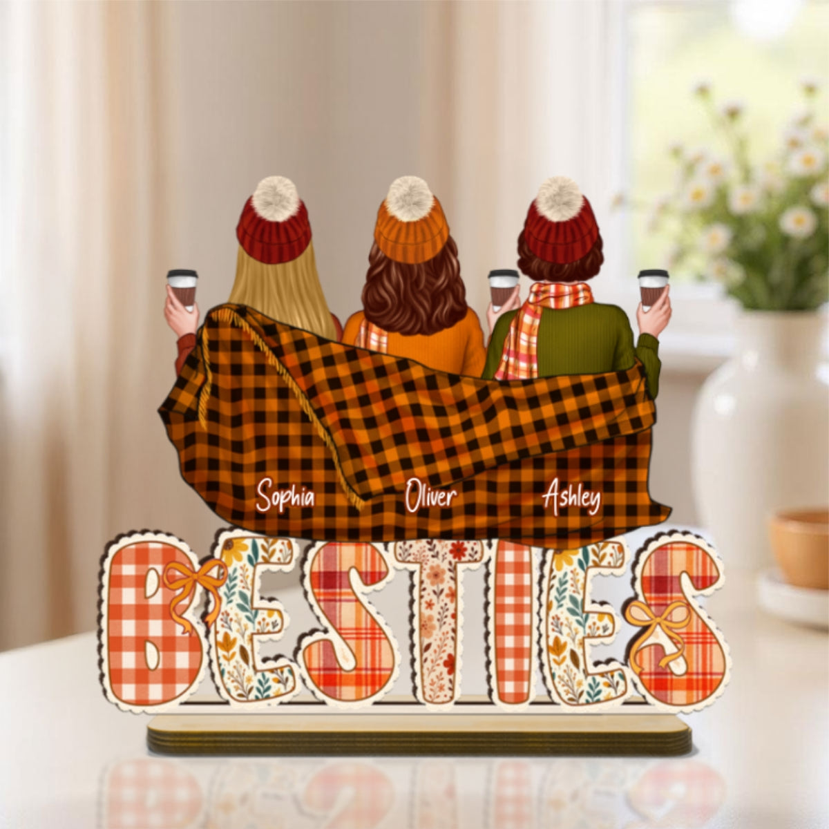 Cozy Besties Sisters In Blanket Sitting On Text Personalized Standing Wooden Plaque, Fall Season Decor