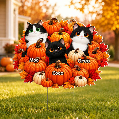 Fall Season Cute Cats Play In Pumpkin Patch - Personalized Yard Sign - Fall Decor For Cat Lovers